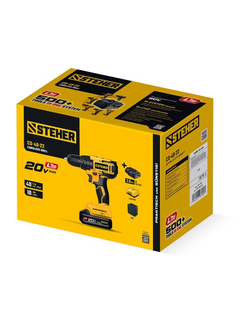Дрель-шуруповерт CD-40-22 STEHER 20 В, 40 Н·м, 2 АКБ LMS (2 А·ч)
