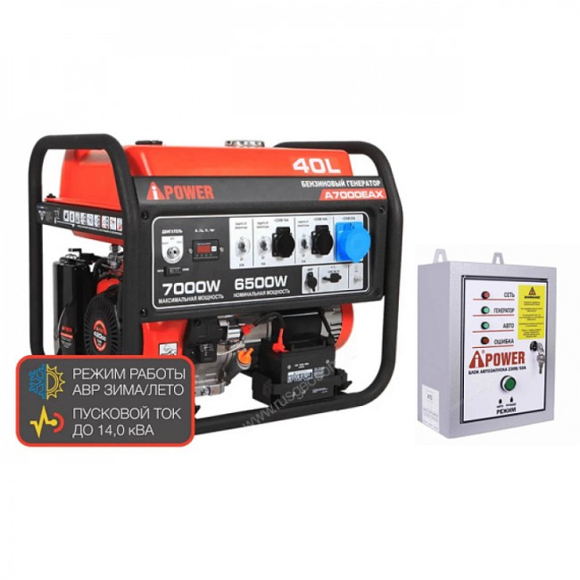 Бензиновый генератор A-iPower A7000EAX + блок автозапуска A-iPower 400 В, 25 А Бензиновый генератор A-iPower A7000EAX + блок автозапуска A-iPower 400 В, 25 А