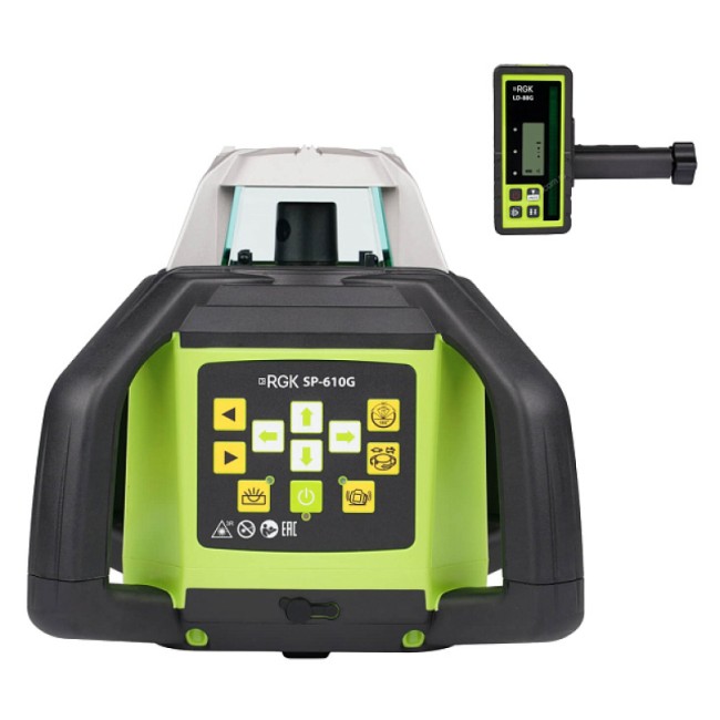 Комплект: ротационный нивелир RGK SP-610G + миллиметровый приёмник излучения RGK LD-88G Комплект: ротационный нивелир RGK SP-610G + миллиметровый приёмник излучения RGK LD-88G