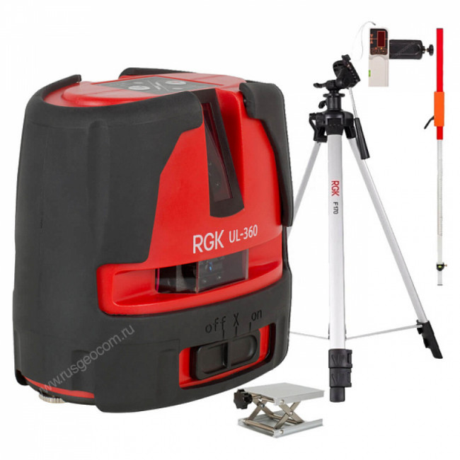 Комплект: лазерный уровень RGK UL-360 + штатив, приемник, рейка, платформа Комплект: лазерный уровень RGK UL-360 + штатив, приемник, рейка, платформа